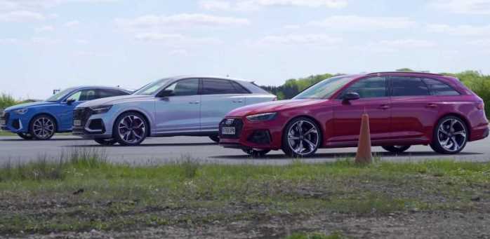 在飙车比赛中观看奥迪RS Q3面对更强大的RS4，RS Q8 中国机械网,okmao.com
