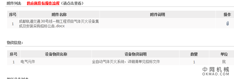 成都轨道交通30号线一期工程项目气体灭火设备集成及安装采购招标公告 中国机械网,okmao.com