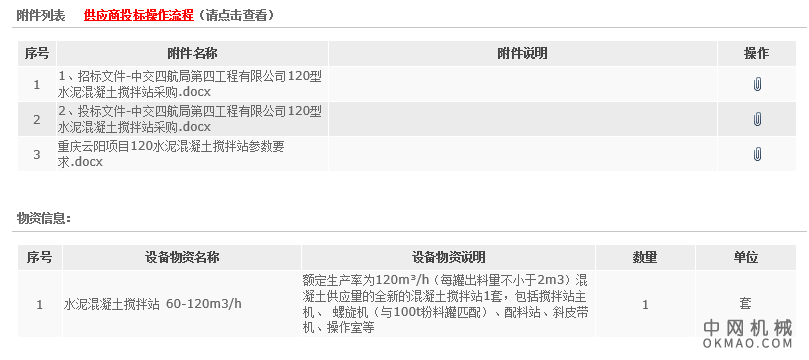 中交四航局第四工程有限公司120型水泥混凝土搅拌站采购招标 中国机械网,okmao.com